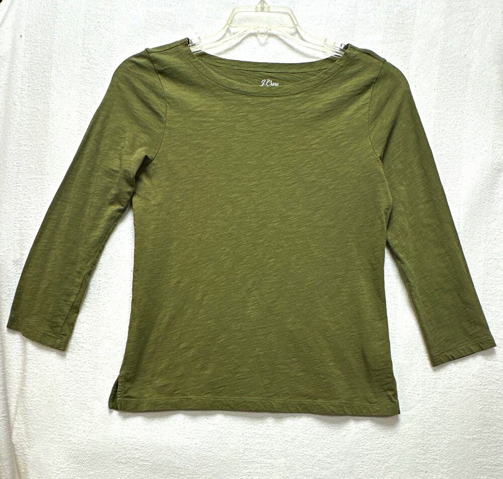 J.Crew Womens Knit Cotton T-Shirt Size S Green Solid Scoop Neck 3/4 Sleeve
